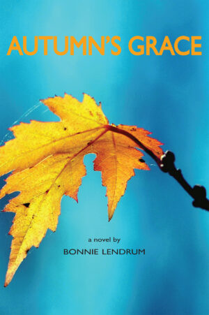 cover image including bright aquamarine background a featuing a gold maple leaf and the title "Autumn's Grace"