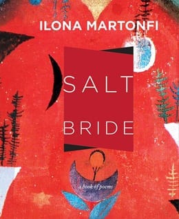 book cover: red, grey, black, and grey background with illustrated symbols around the edges - sun, moon, trees, water etc. White block text is centred "Salt Bride", and the author's name, Ilona Martonfi, is bold across the top.