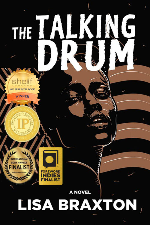 book cover: black and brown background with the head and shoulders illustration of a Black woman centred., She looks at the reader. Also includes some African designs in brown on either side of her. Features a seal 'Shelf Unbound Winner - 2020 Best Indie Book'; a seal for 'Winner, 2021 IPPY Gold Medal – Urban Fiction'; a seal for 'Finalist, 2020 Foreword INDIES Book of the Year Awards – General Fiction'; and a seal for 'Finalist, 2021 International Book Awards – Multicultural Fiction'