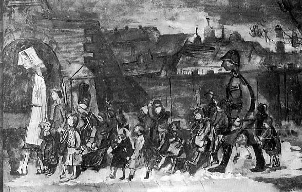 A drawing of children of Ghetto Białystok transported to Terezín in August 1943 by Otto Ungar