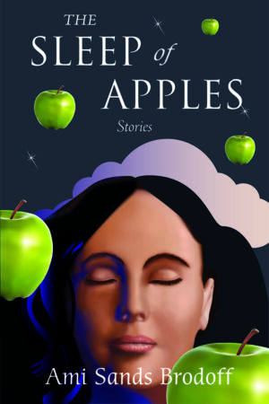 dream-like cover image depicting a woman's face with closed eyes and floating green apples among the clouds