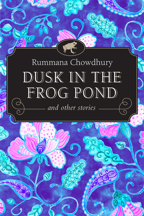 purple and pink flowers encircling the book title Dusk in the Frog Pond