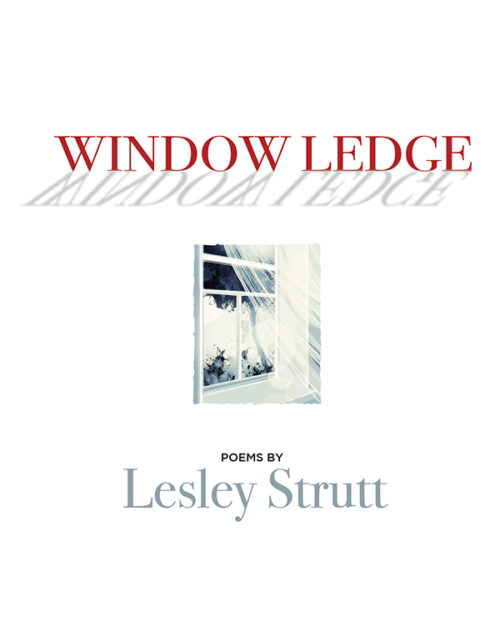 an illustration of a window with curtains and the title of the book, Window Ledge, reflected as a mirror image