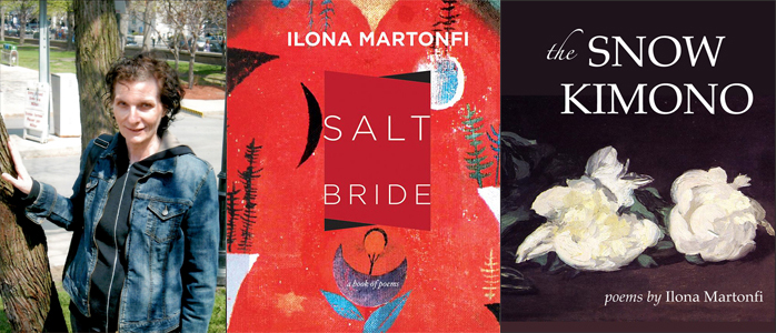 Ilona Martonfi author photo and two book covers - red "Salt Bride" and Purple "The Snow Kimono"