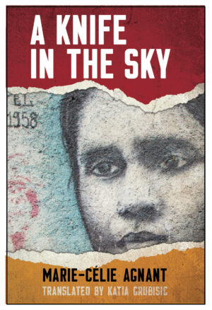 red and gold cover with torn out strip revealing a woman's face in profile with the title A Knife in the Sky and the author/translator names