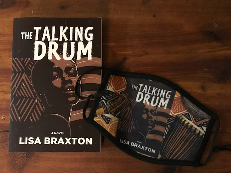 The Talking Drum book cover and printed PPE mask with book cover in black and brown