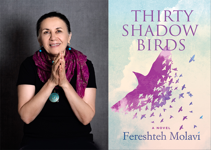 Author Fereshteh Molavi wearing black with a magenta scarf featured with her book cover with a magenta bird illustration flying upward with little birds below "Thirty Shadow Birds" and author name "Fereshteh Molavi"