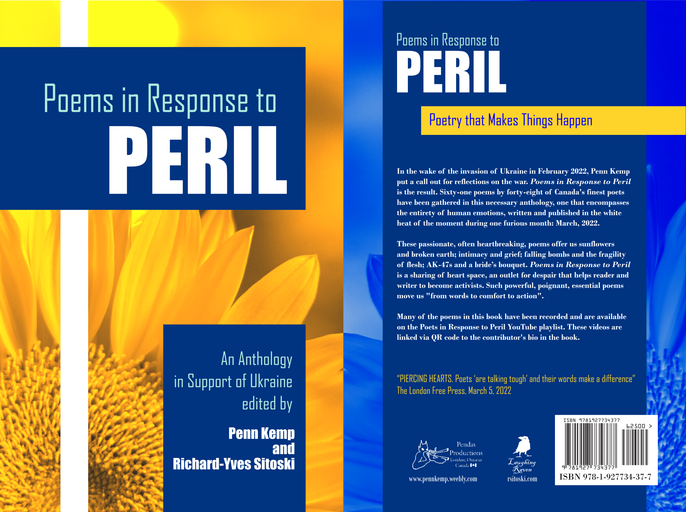 blue book cover with a large photo of a yellow sunflower in the forefront. Typography: "Poems in Repsonse to Peril"