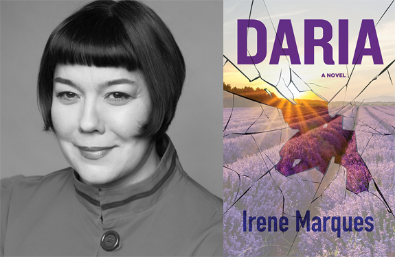 left side; black and white photo of author Irene Marques. Right side: book cover for Daria.